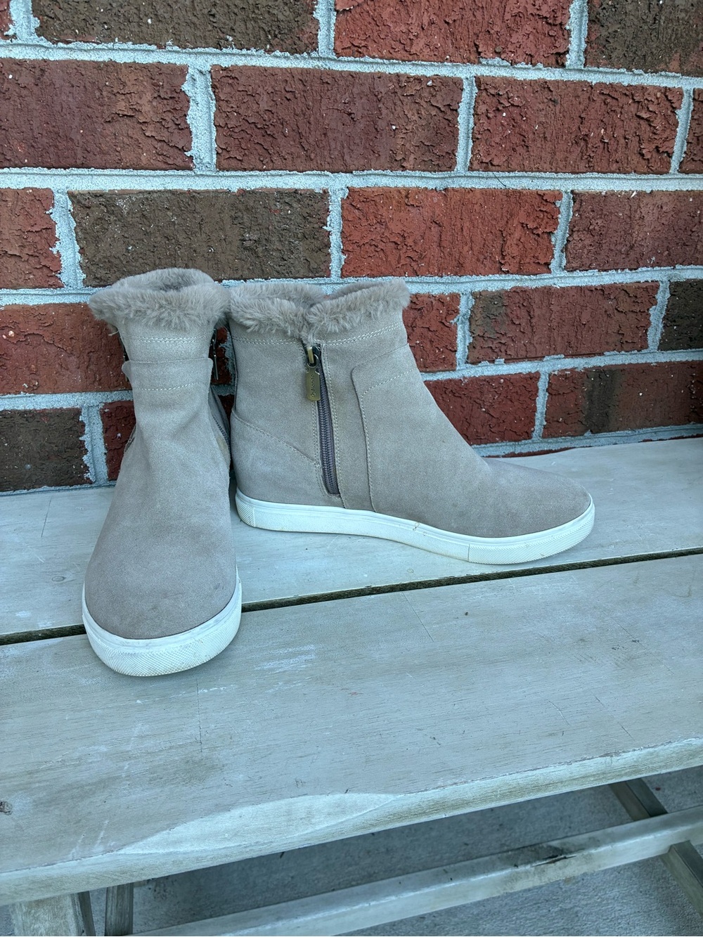 Blondo Taupe Faux-Suede Ankle Bootie with Fur Collar